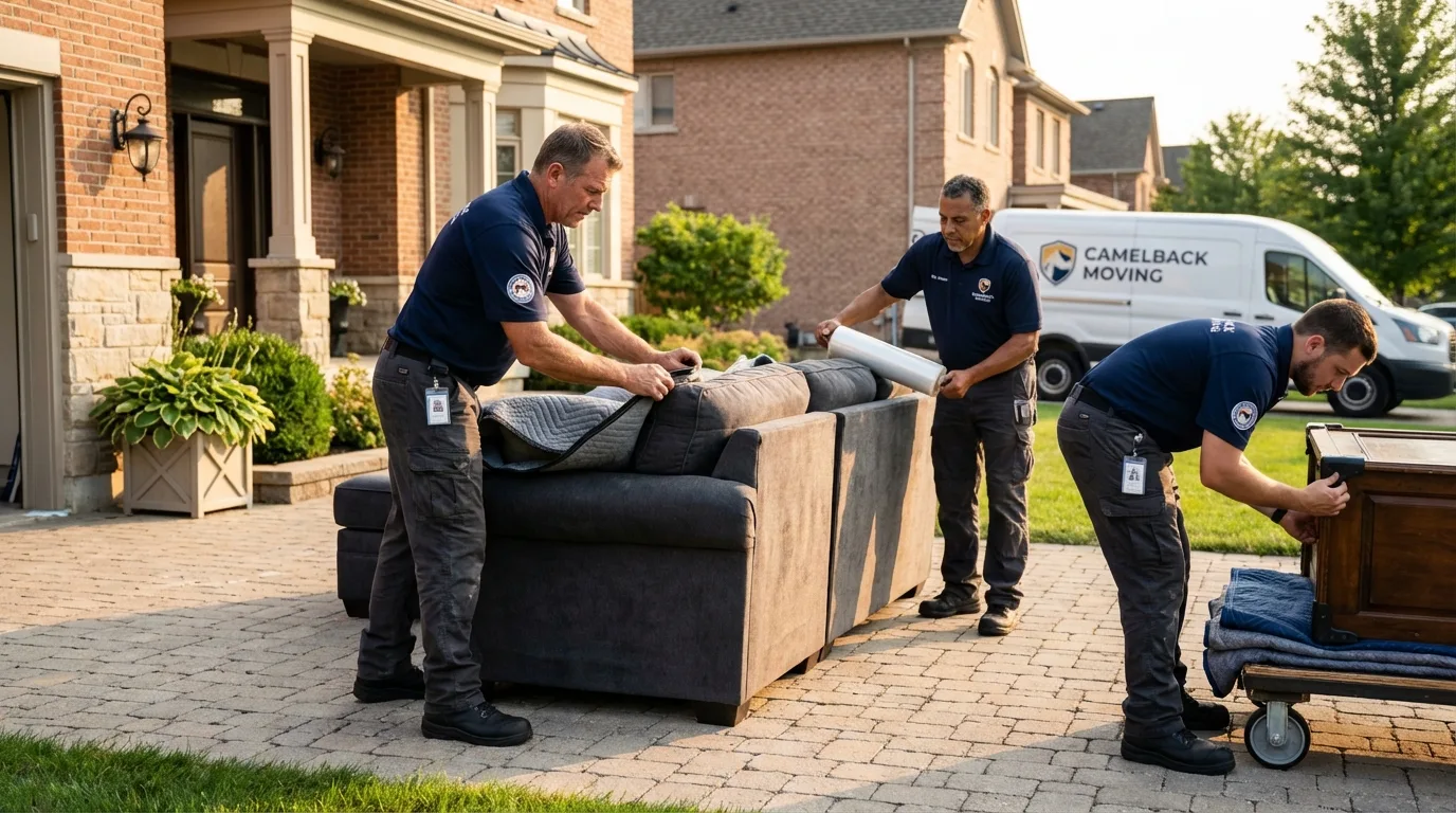 Large estate moving crew wrapping furniture in Falconer, NY