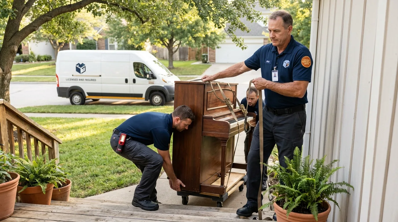 Licensed piano movers securing grand piano in Falconer, NY