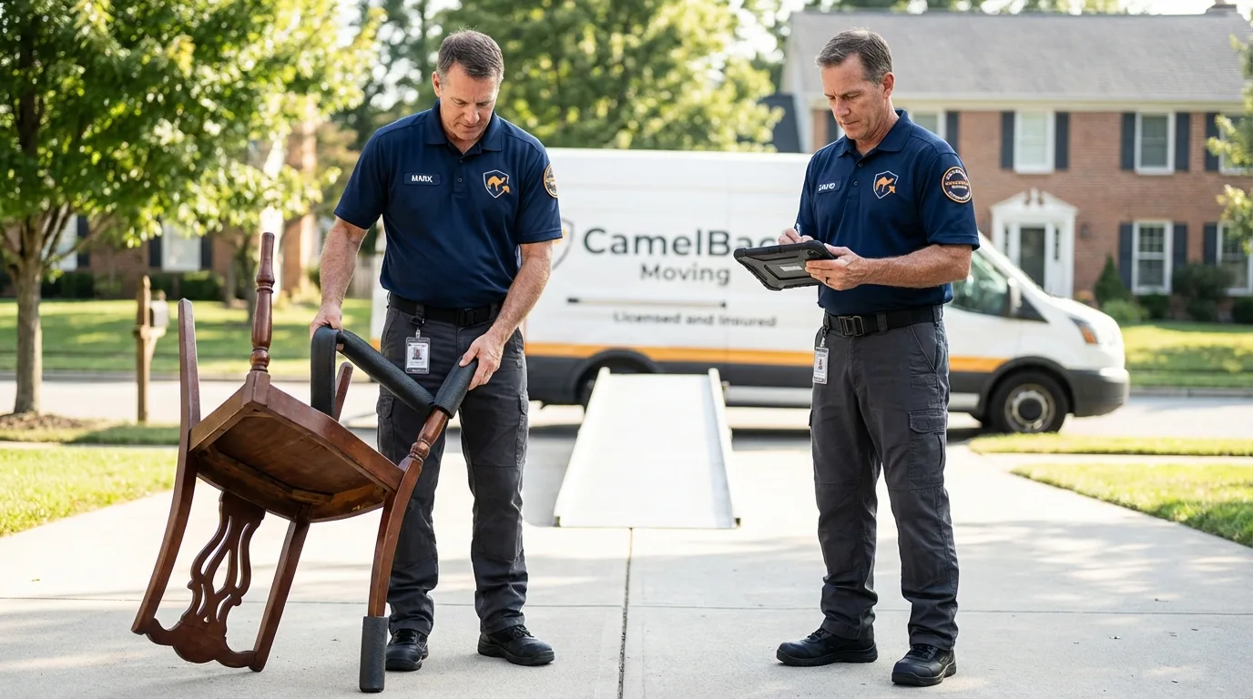 Movers inspecting furniture for damage prevention before loading in Falconer, NY