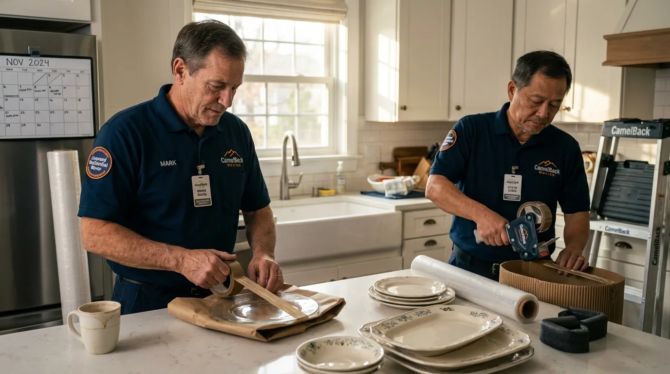 Professional crew packing kitchen dishware in Falconer, NY